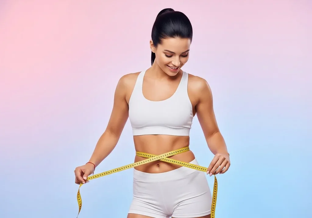 A fit woman measuring her waist with a tape measure while wearing white athletic clothing against a soft background after GLP-1 in Aldie.