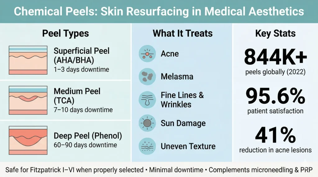 Clean infographic showing chemical peel types, skin concerns treated, and key dermatology statistics