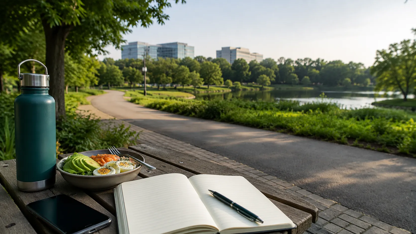 Healthy breakfast, water bottle, and journal beside a lakeside walking trail as part of a sustainable semaglutide in Herndon routine.