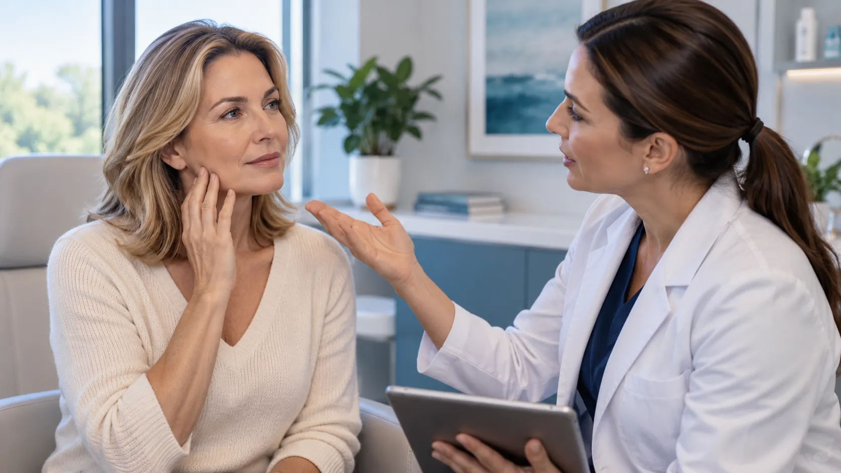 Woman discusses facial changes during medical weight loss in Herndon with a medical aesthetics provider.